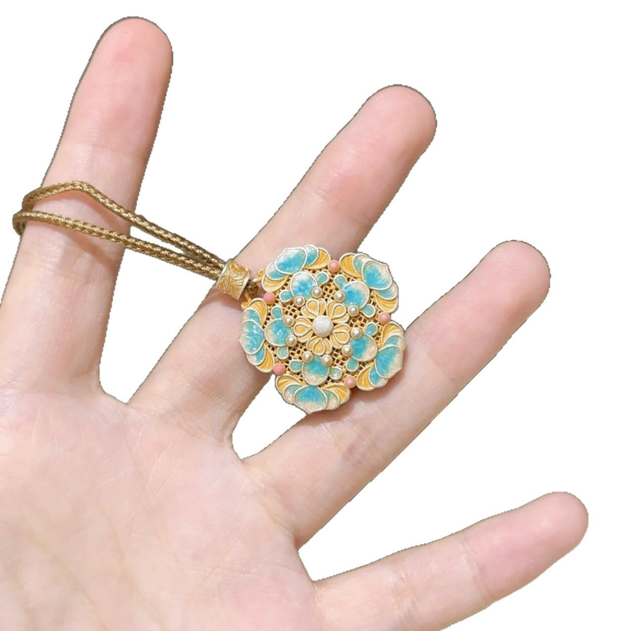 Women's Chinese Style Koi Flower Enamel Gold Sweater Chain Necklace