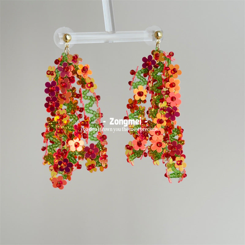 Imported Laser Flower Handmade Ear Clip Beaded Combination Earrings
