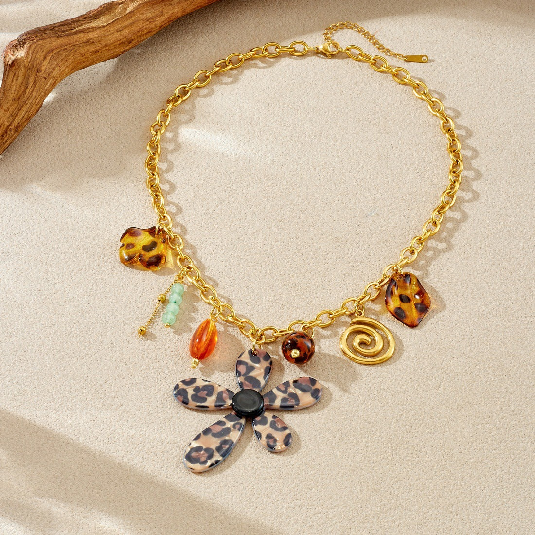 Print Petal Flower Spiral Gold Plated Necklace