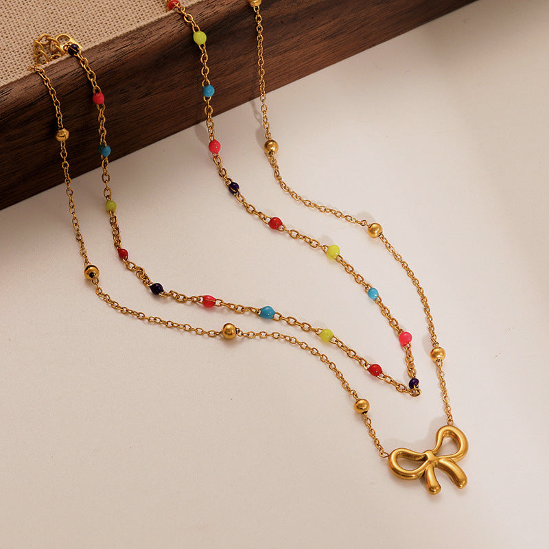 Titanium Steel Design Cute Hollow Bow Female Necklace