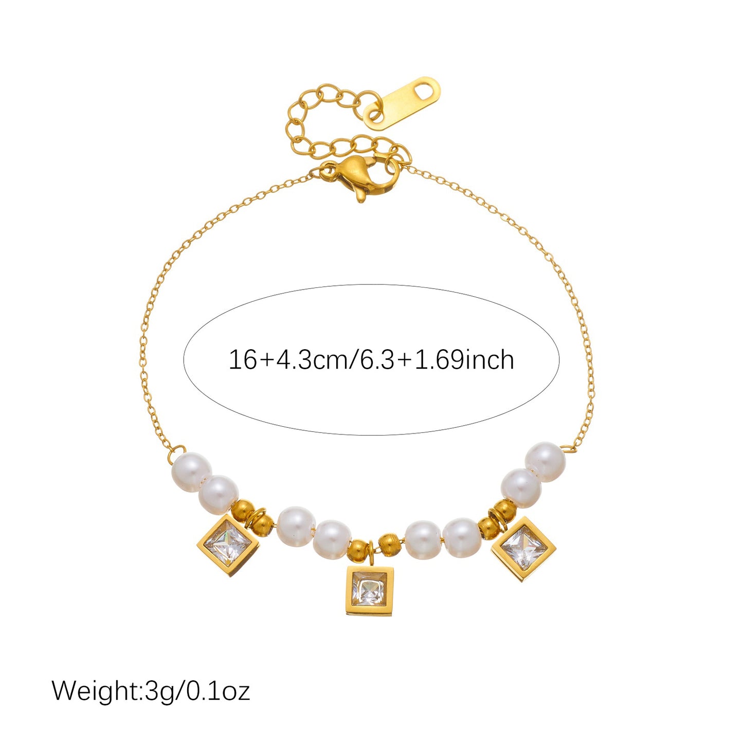 Women's Diamond Square Pearl Chain Gold Plated Bracelet