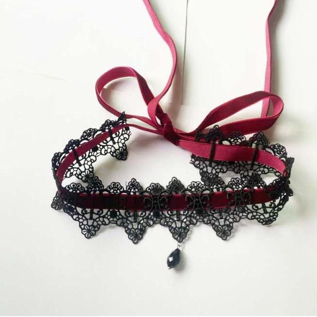 Neck Wine Red Dark Lace Veet Strap Collar