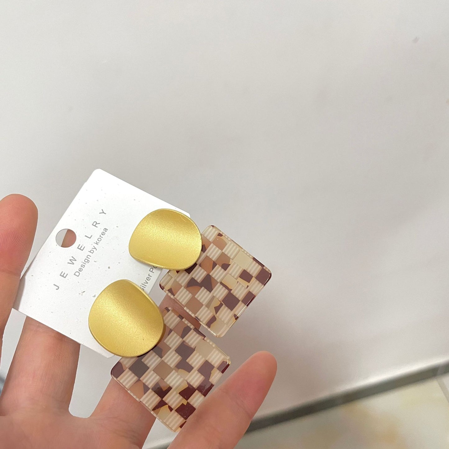 Frosted Gold Checkerboard Sier Needle Design Sense Earrings