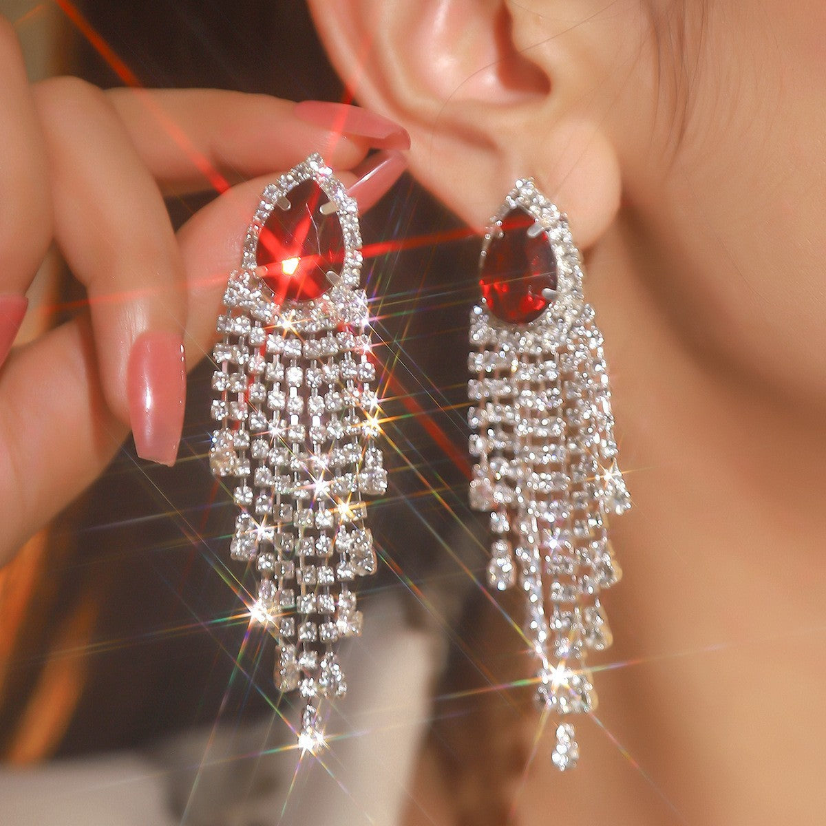 Women's Super Flash Rhinestone Long Fringe High-grade Earrings