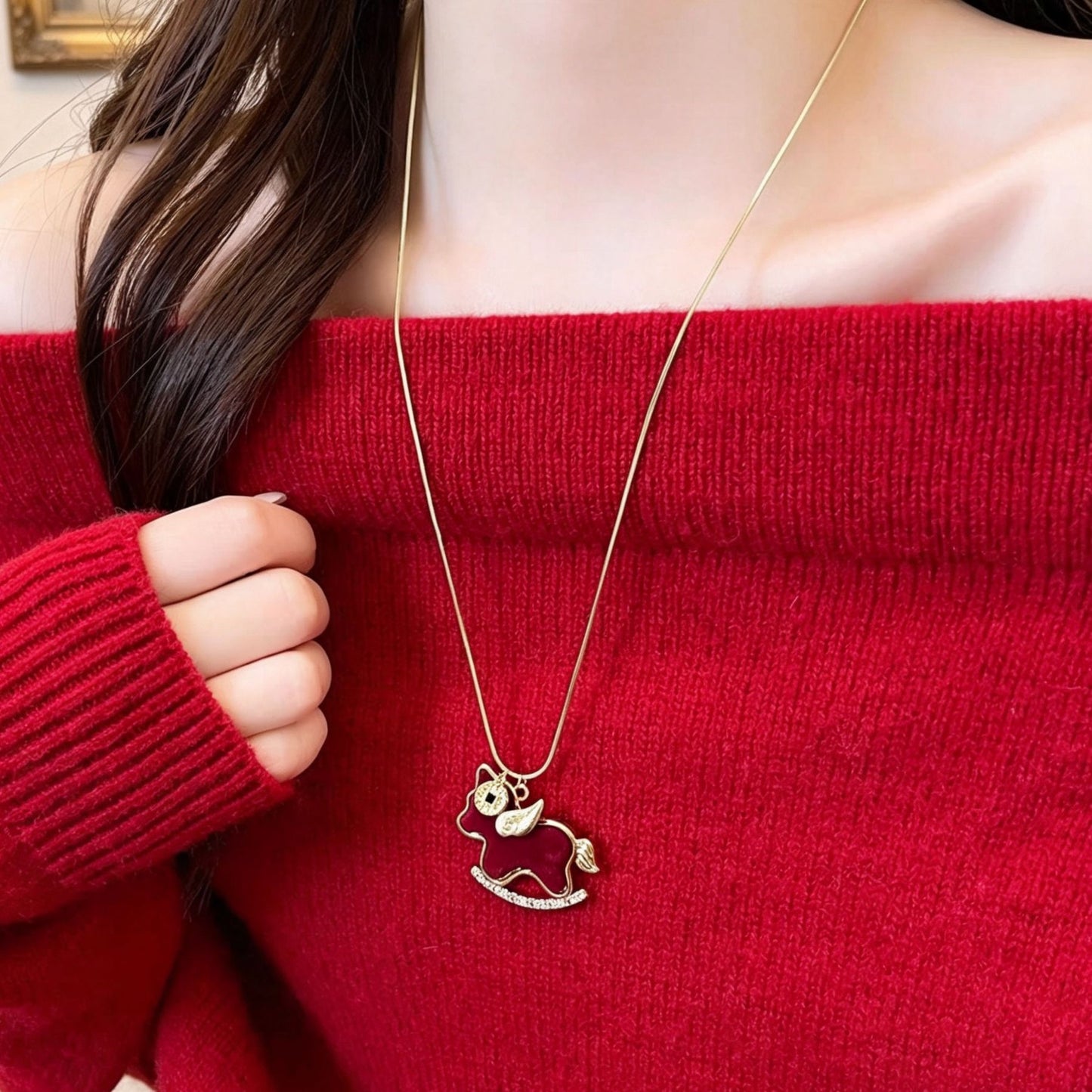 Women's Red Veet Pony High-grade Sweater Chain Necklace