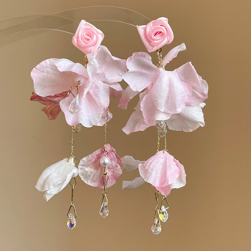 Women's Petals Beaded Tassel Rose Elegant Elf Summer Atmosphere Travel Earrings