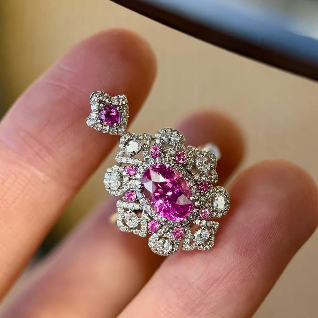 Women's Live Broadcast Secret Garden Romantic Pink Corundum Full Diamond Blue Jewelry Set