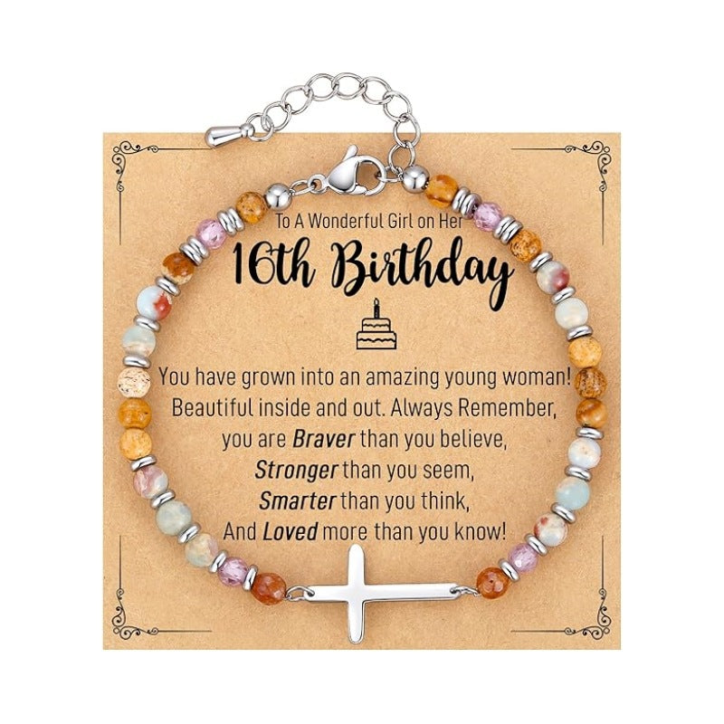 Women's Natural Stone Beaded Cross Lobster Buckle Adjustable Band Bracelet