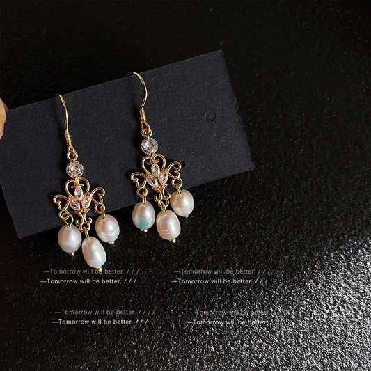 French Retro Freshwater Pearl Tassel Female Niche Classical Earrings