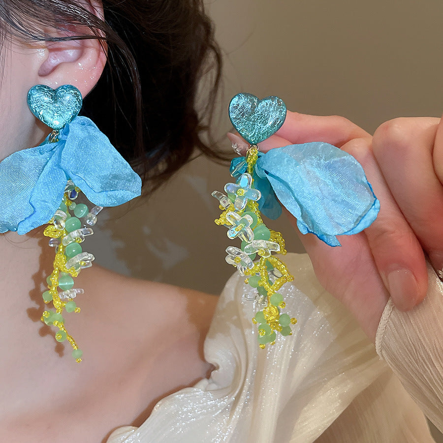 Women's Fresh Blue Fabric Flower Tassel Seaside Vacation Style Light Stud Earrings
