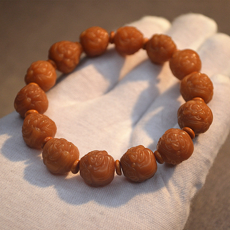 Women's & Men's Single Circle Weathered Yellow Bodhi Root Carved Bracelets