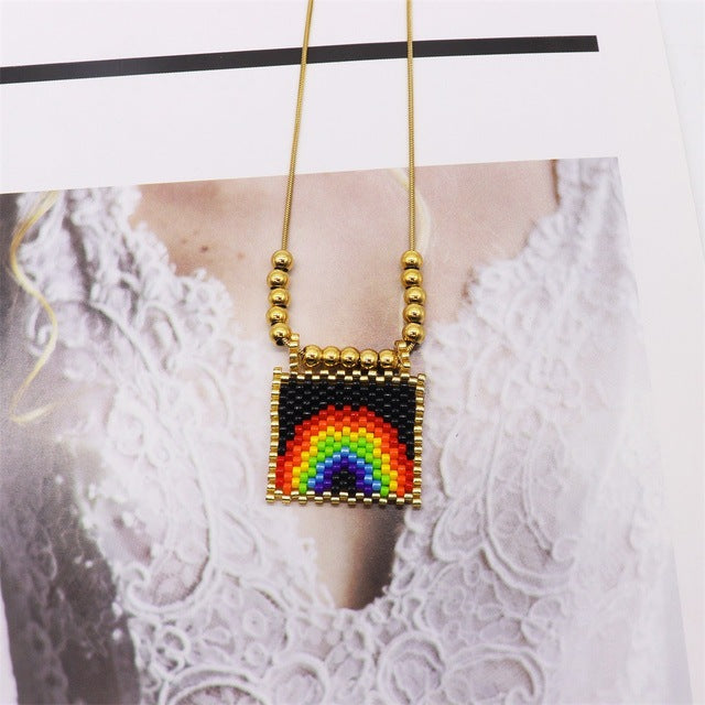 Bohemian Style Gold Rainbow Love Devil's Eye Square Necklaces