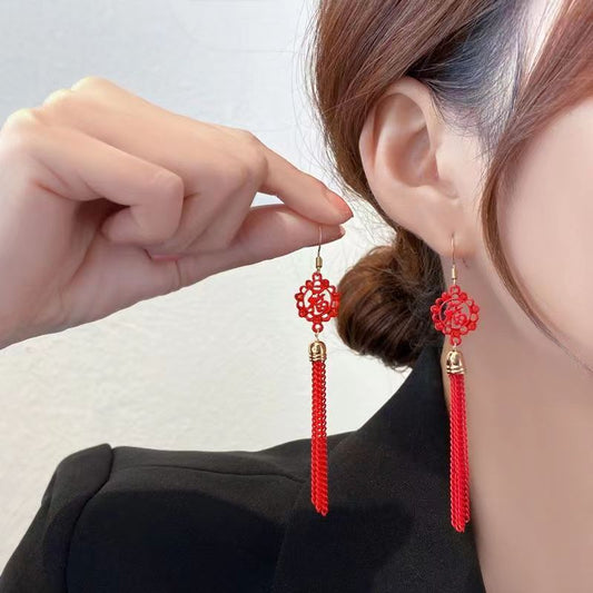 Women's Style Festive Red Tassel Retro Long Earrings