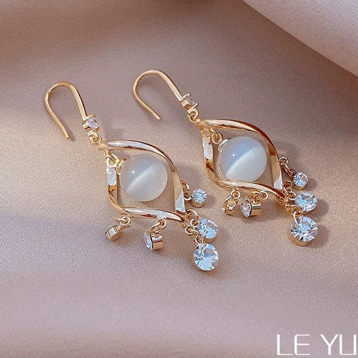 Women's Retro Opal Temperament Spiral Shiny Diamond Tassel Stud Earrings