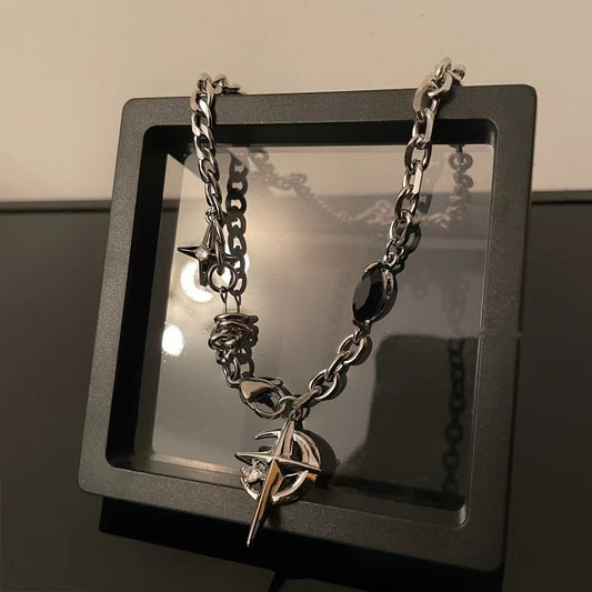 Men's Onyx Star Moon Fashionable High Sense Street Design Clavicle Chain Necklaces
