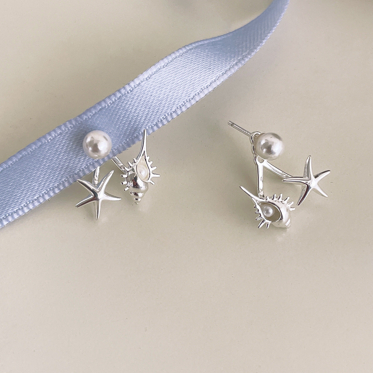 Women's Sier Pearl Unique Niche Starfish Conch Design Earrings