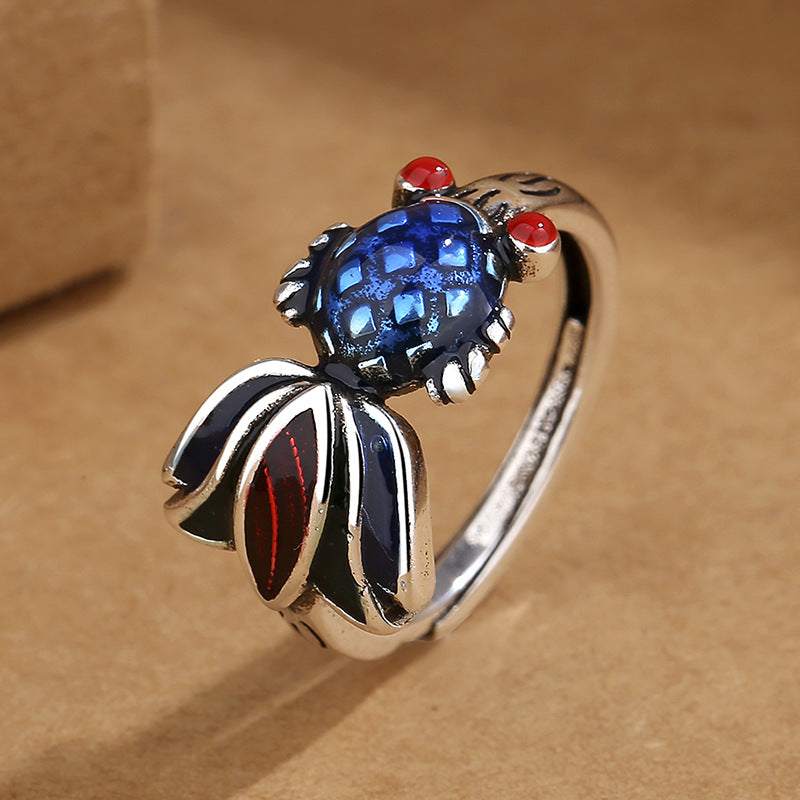 Old Enamel Burnt Blue Goldfish Female Ethnic Style Thai Sier Ring