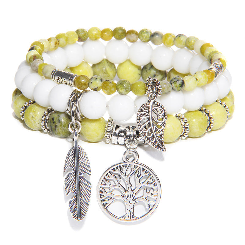 Women's Stone Bead Three-piece Tree Of Life Feather Vintage Bracelets