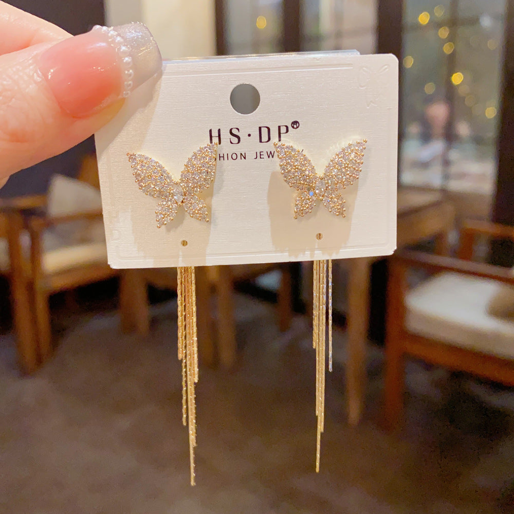 Micro Inlaid Zircon Butterfly Tassel Female Exquisite Versatile Earrings