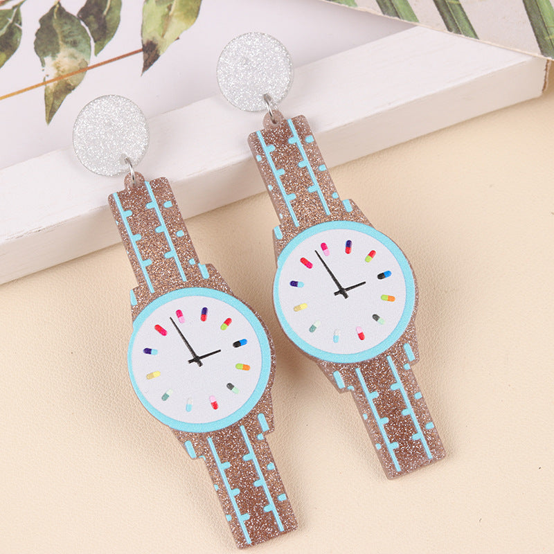 Women's Long Creative Color Mirror Watch Acrylic Earrings