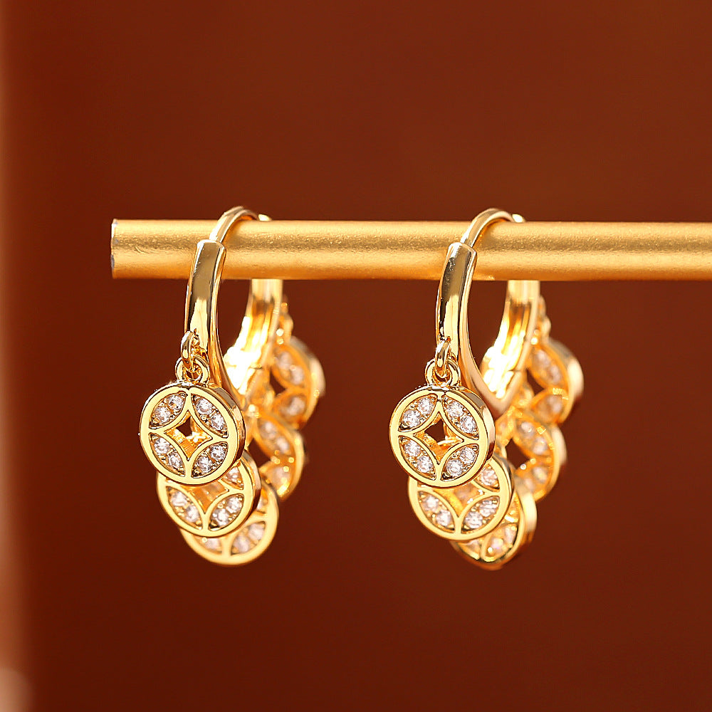 Five Coins Duo Copper Plated Real Gold Shiny Zircon Female Earrings