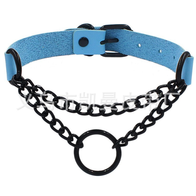 Leather Neckband Street Shot Black Chain Neck Strap Collar