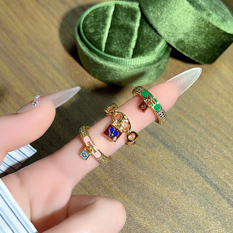 Retro Color Enamel Lock Pig Nose Open-end Zircon Ring