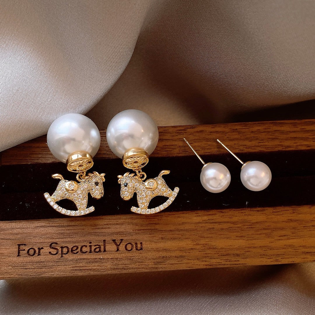 Women's Flocking Pearl Gourd Pony Ear Clip Niche Earrings