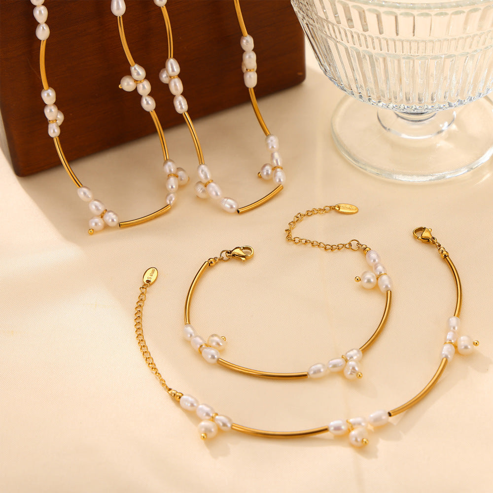 Simple Temperament Gentle Affordable Luxury Style Fresh Water Stringed Pearls Jewelry Set