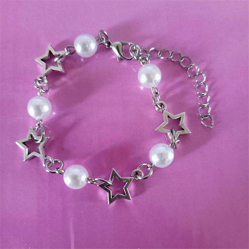 Pop Punk Hollow Pentagram Imitation Pearl Necklace