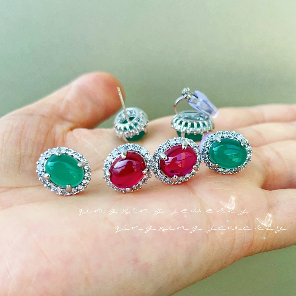 Needle Natural Iced Green Chalcedony Red Corundum Ear Clip Big Rings