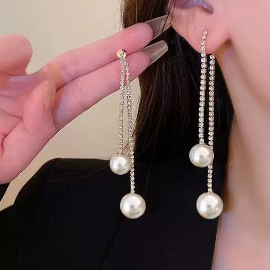 Fashion Trend Rhinestone Tassel Pearl Temperament Wild Face Slimming Earrings