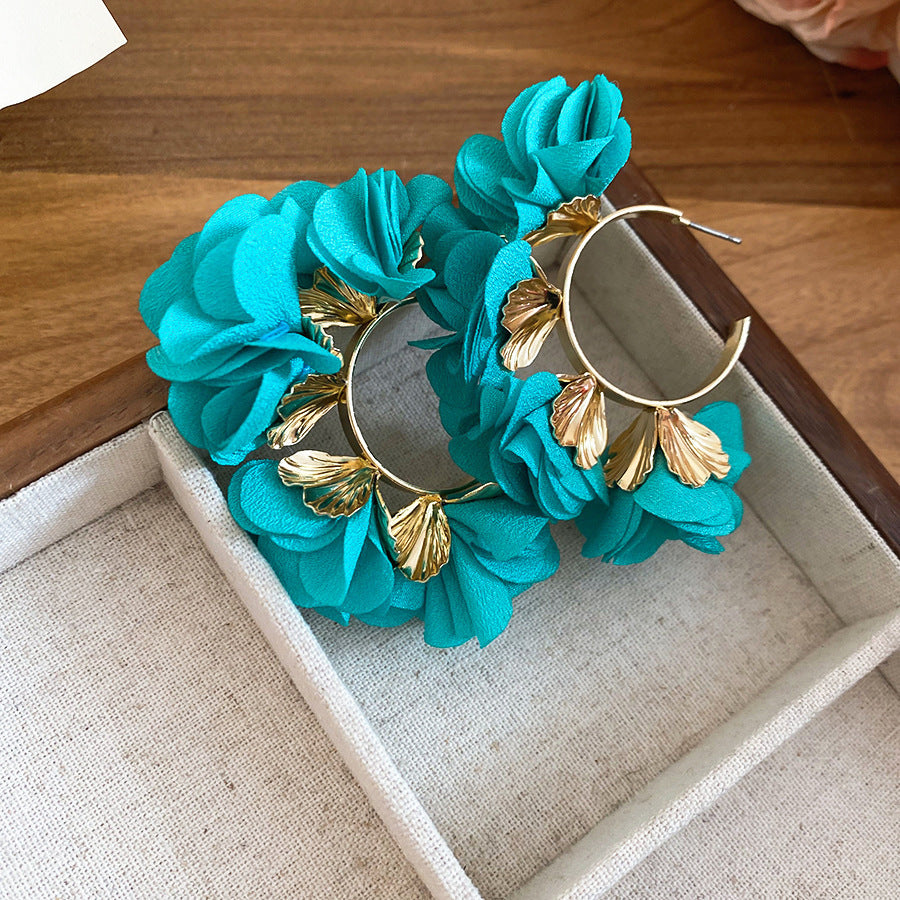 Women's Fresh Blue Fabric Flower Tassel Seaside Vacation Style Light Stud Earrings