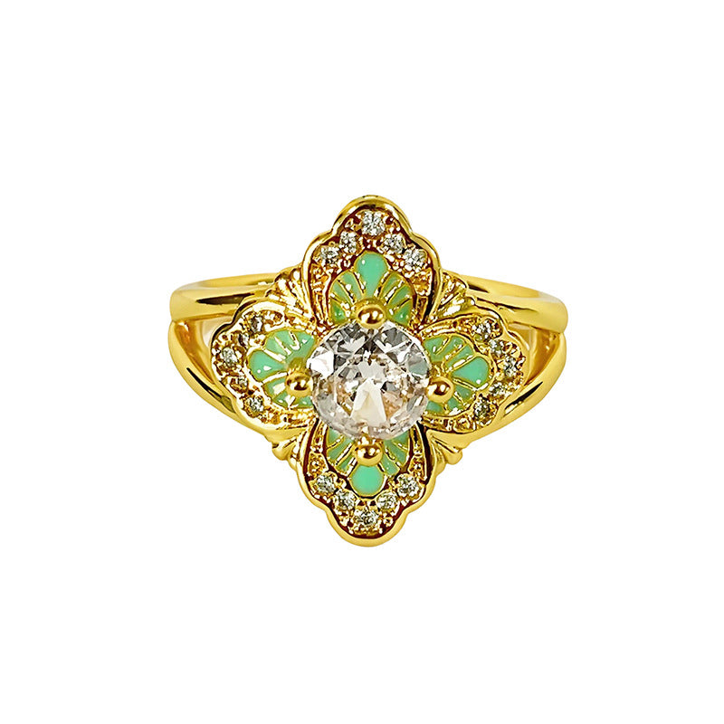 Colored Gems Flower Open Middle Ancient Ring