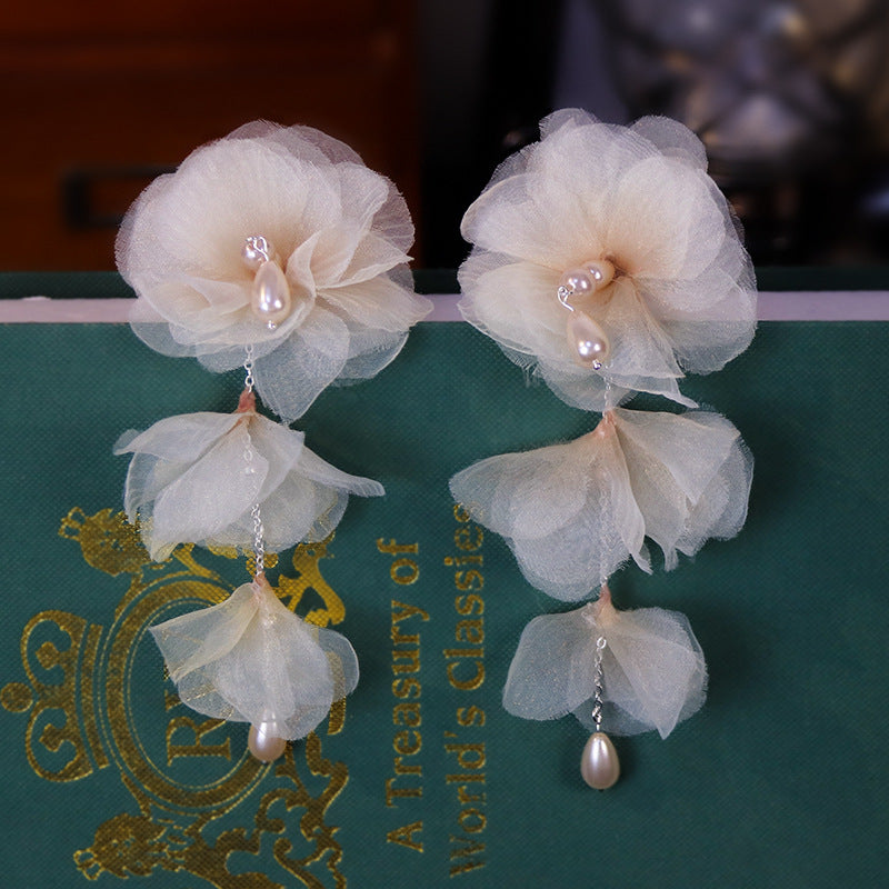 Beaded Ear Clip Artificial Pearl Bridal Wedding Satin Rose Earrings