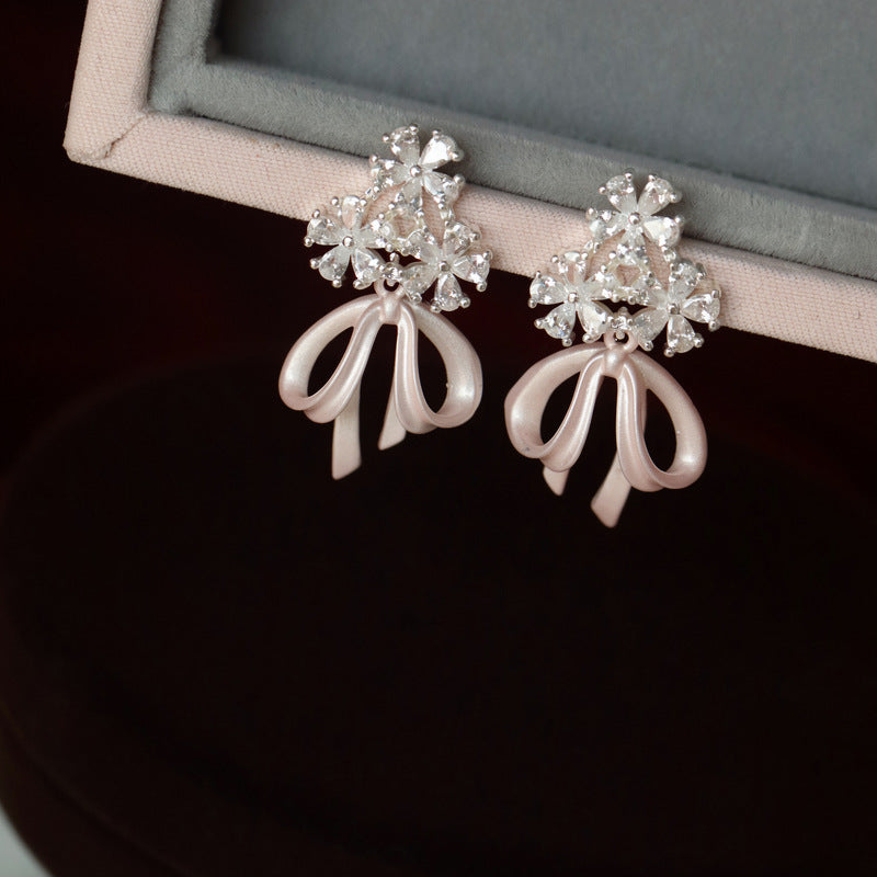 Sier Needle Drop Oil Zircon Flower Bow Simple Sweet Stud Earrings