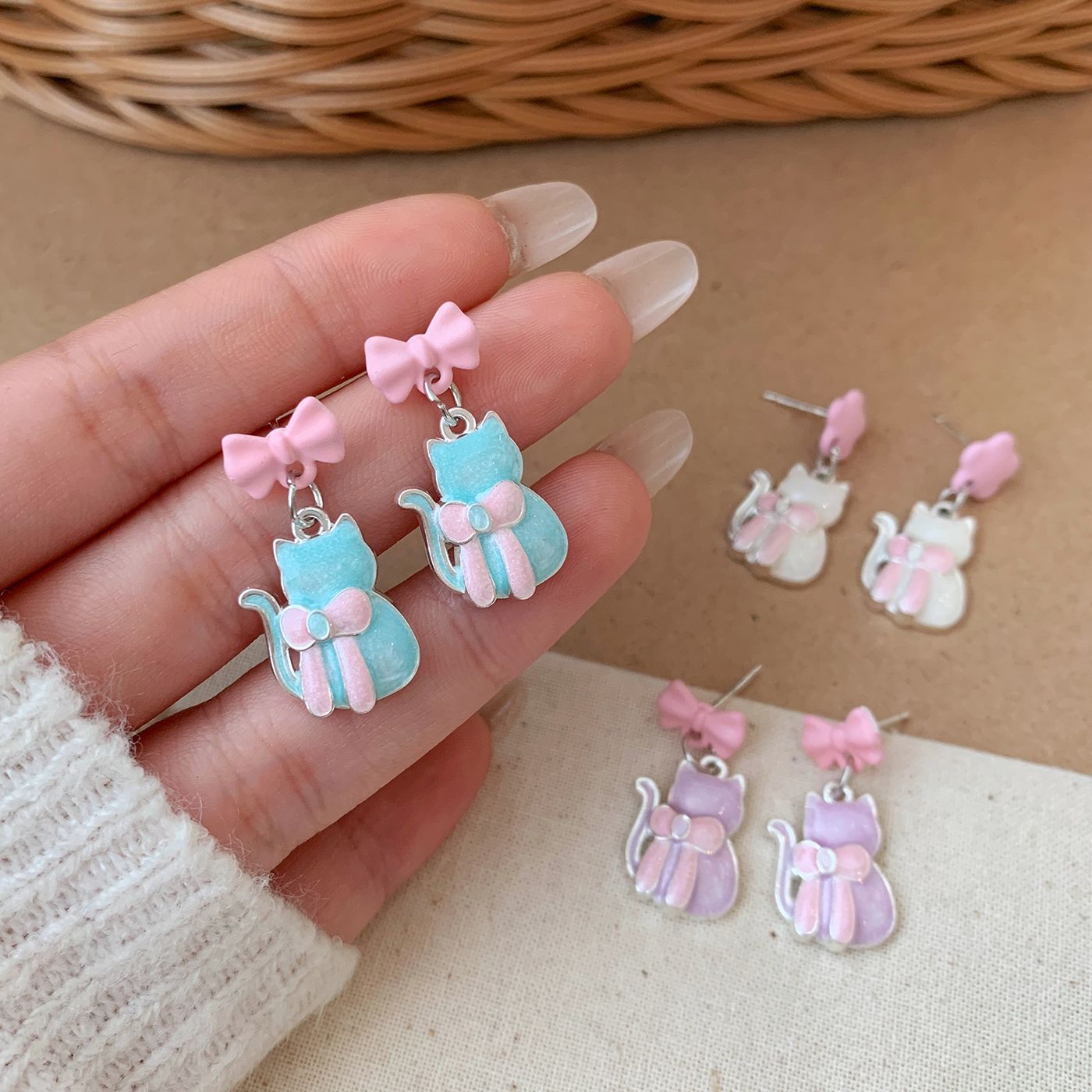 Women's Color Bow Cat Sier Needle Exquisite Sweet Fun Earrings