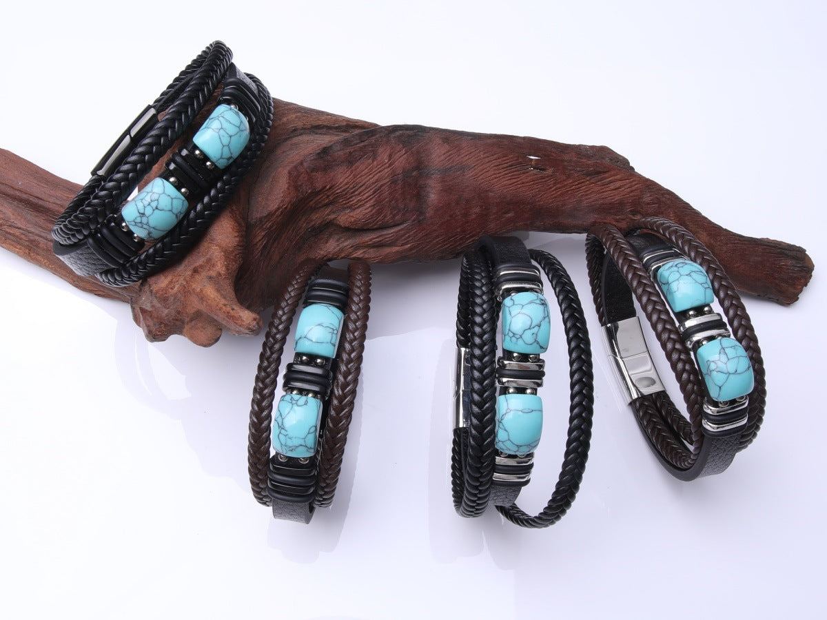 Men's Rope Leather Stone Magnetic Buckle Bracelets