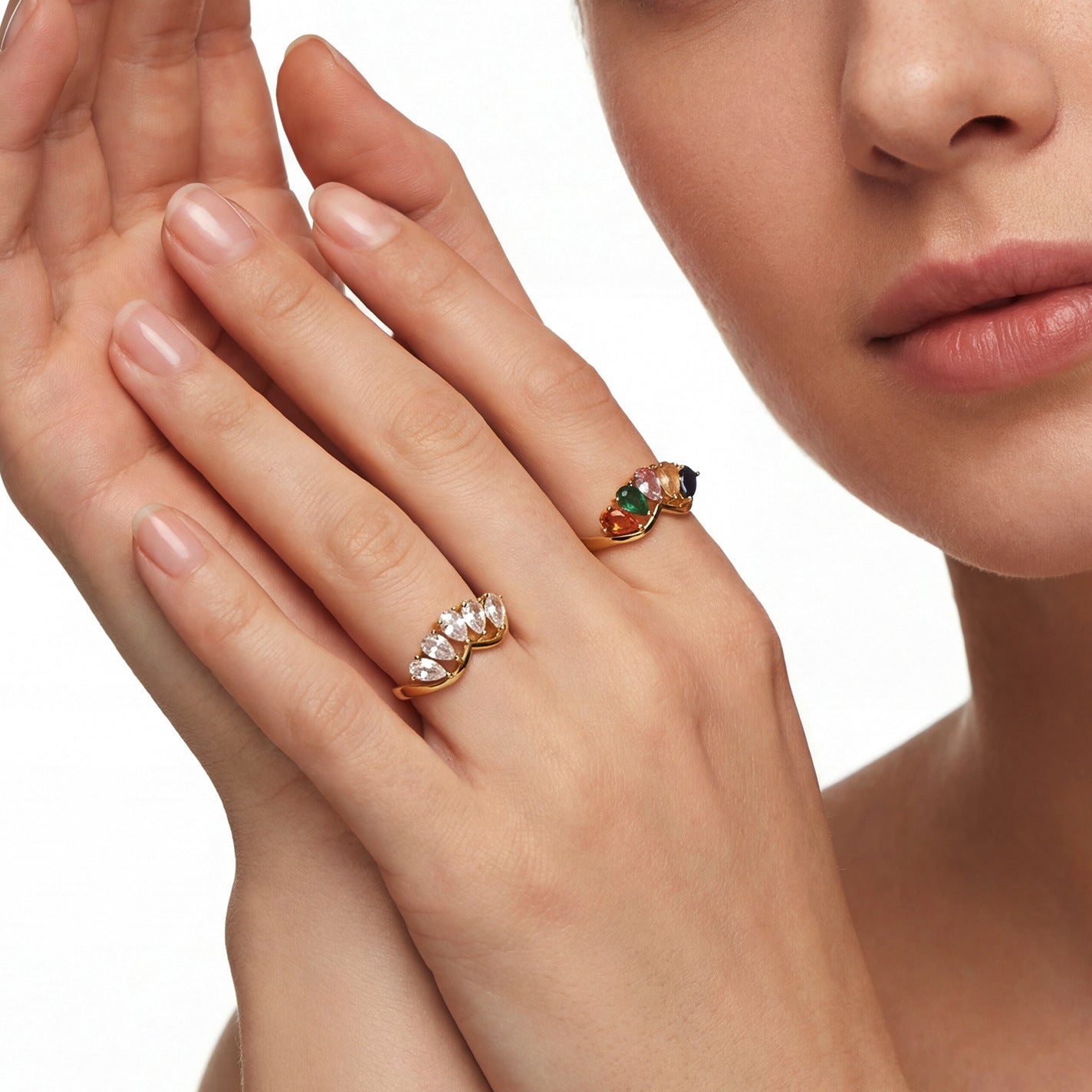 Inlaid Golden Asymmetric Colored Gems White Diamond Design Simple Ring