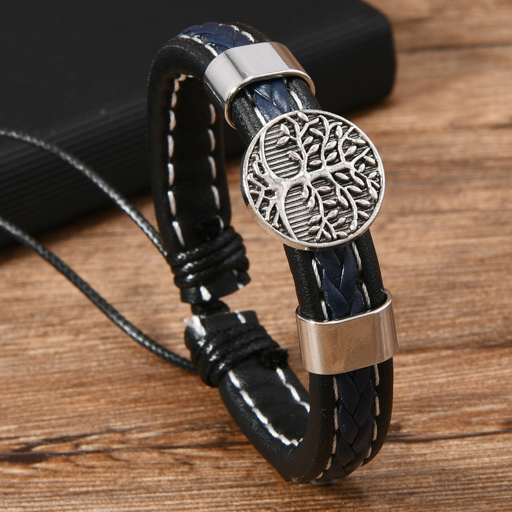 Men's Hand-woven Beads Metal Lucky Tree Leather Bracelets