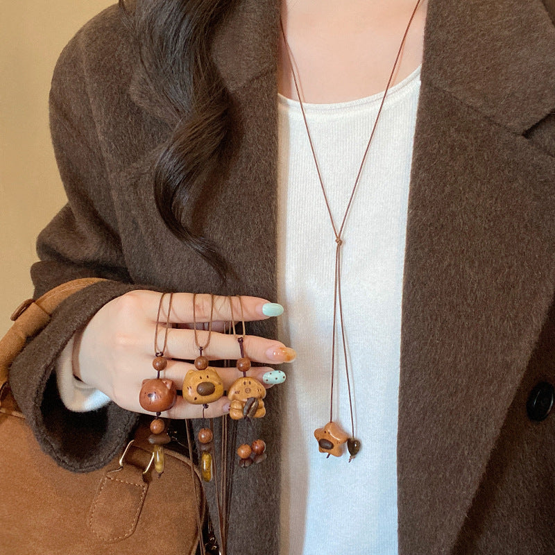 Wooden Tigereye Puppy Bear Female Winter Cute Design Sweater Chain Necklace