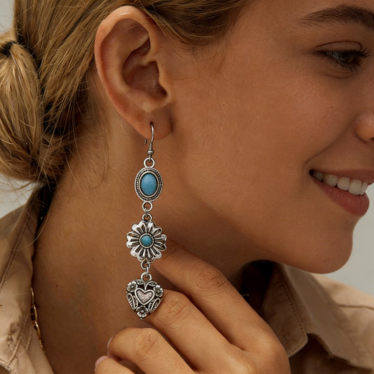 Bohemian Elegant Distressed Texture Flower Love With Turquoise Earrings