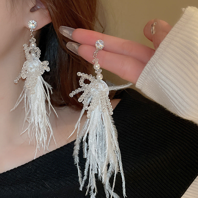 Feather Bead Tassel Niche Retro Vacation Earrings