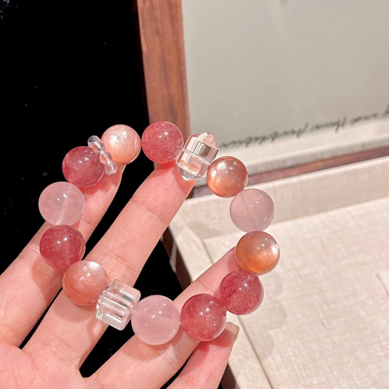 Blossom Natural Crystal Strawberry Pink White Square Bracelet