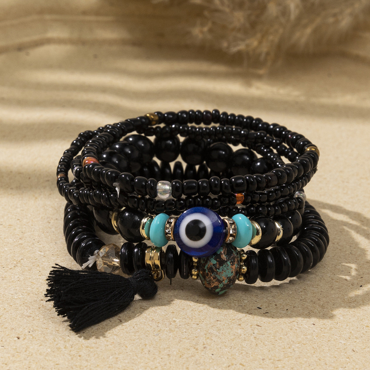 Women's Bohemian Vacation Style Twin Design Sense Glass Beads Stretch Bracelet