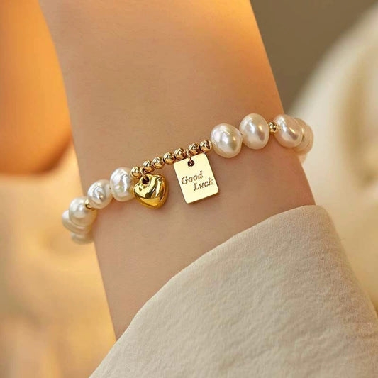 Retro Fashion Pearl Lucky Square Plate Heart Bracelet
