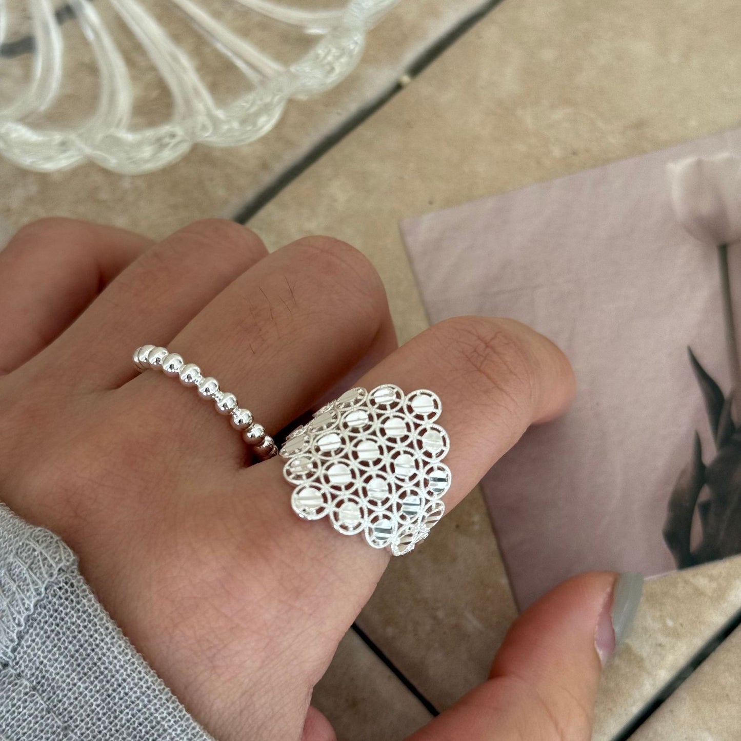 Sier Grape Round Beads Lace Flower Simple Rings