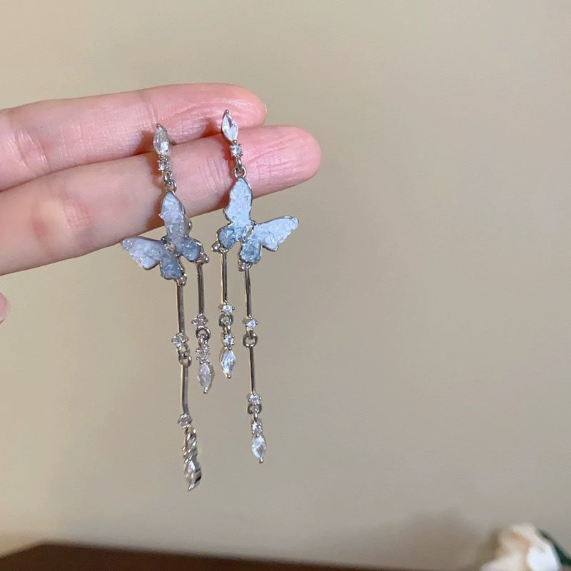 Fairy Gradient Butterfly Rhinestone Tassel Niche Design Unique Stud Earrings