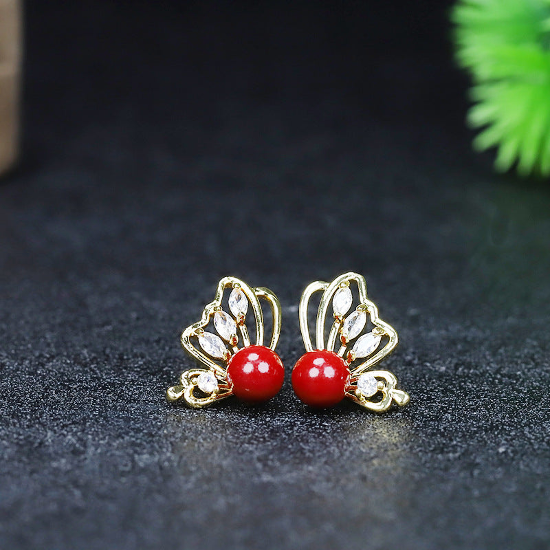 Purple Gold Sandstone Inlaid Ear Cherry Cinnabar Swan Female Earrings