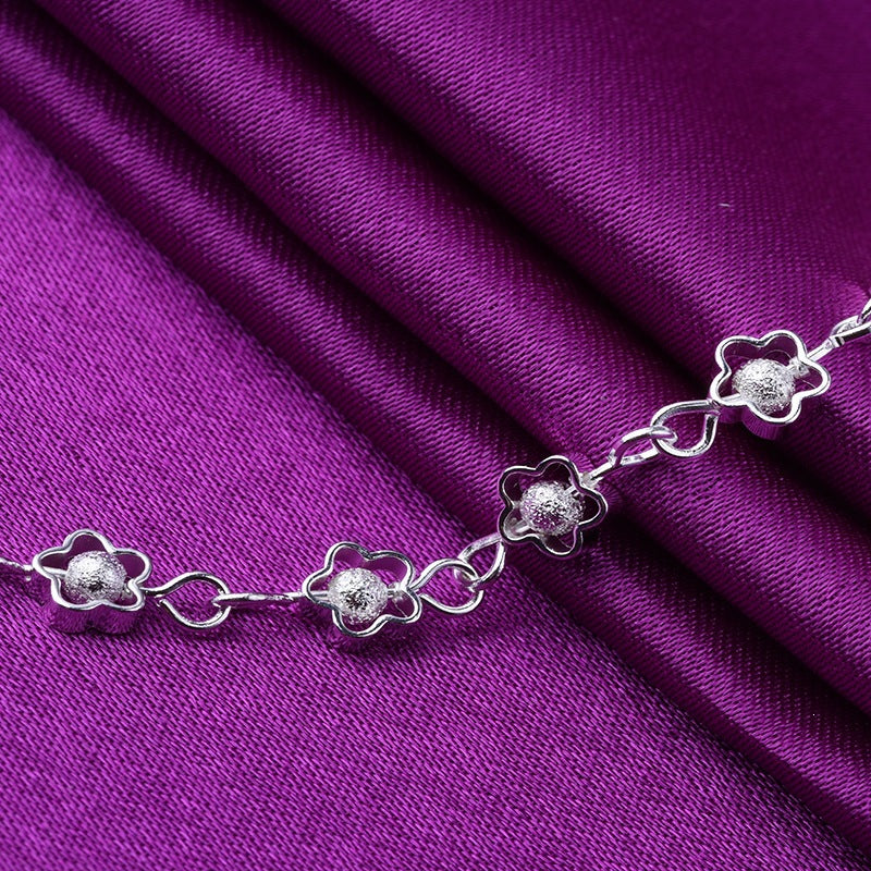 Sier Small Hollow Plum Flower Sier-plated Handmade Frosted Beads Bracelet